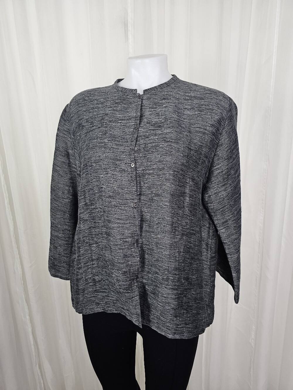 Eileen Fisher Linen Blend Gauze Strata Mandarin Collar Shirt Gray Medium